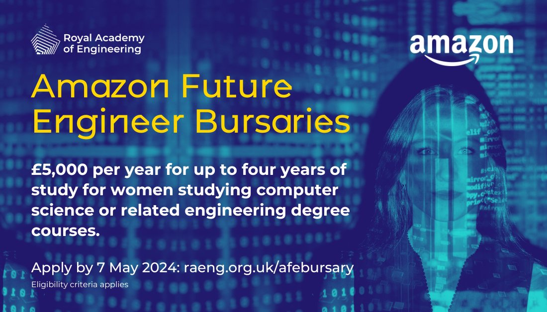 There's still time to apply for the latest round of the @AmazonNewsUK Future Engineer Bursary. Providing up to £5,000 a year in financial support and networking opportunities this isn't a bursary to be missed. Do you know someone who could benefit? raeng.org.uk/amazon-future-…