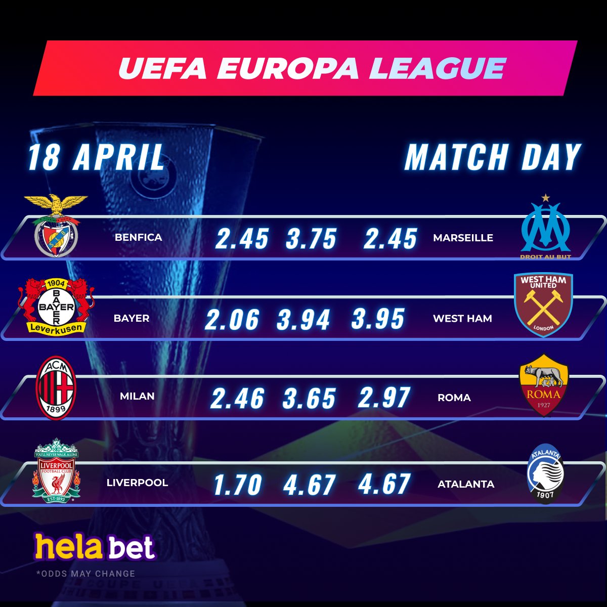 🔥 UEFA EUROPA LEAUGUE 🔥 ⚽ #Benfica VS #Marseille ⚽ #Bayer 04 Leverkusen VS #WestHam ⚽ #Milan VS #Roma ⚽ #Liverpool VS  #Atalanta 👉 Best odds on the matches in #helabet 👉 cutt.ly/UwY8h1uG #uefa #europaleague