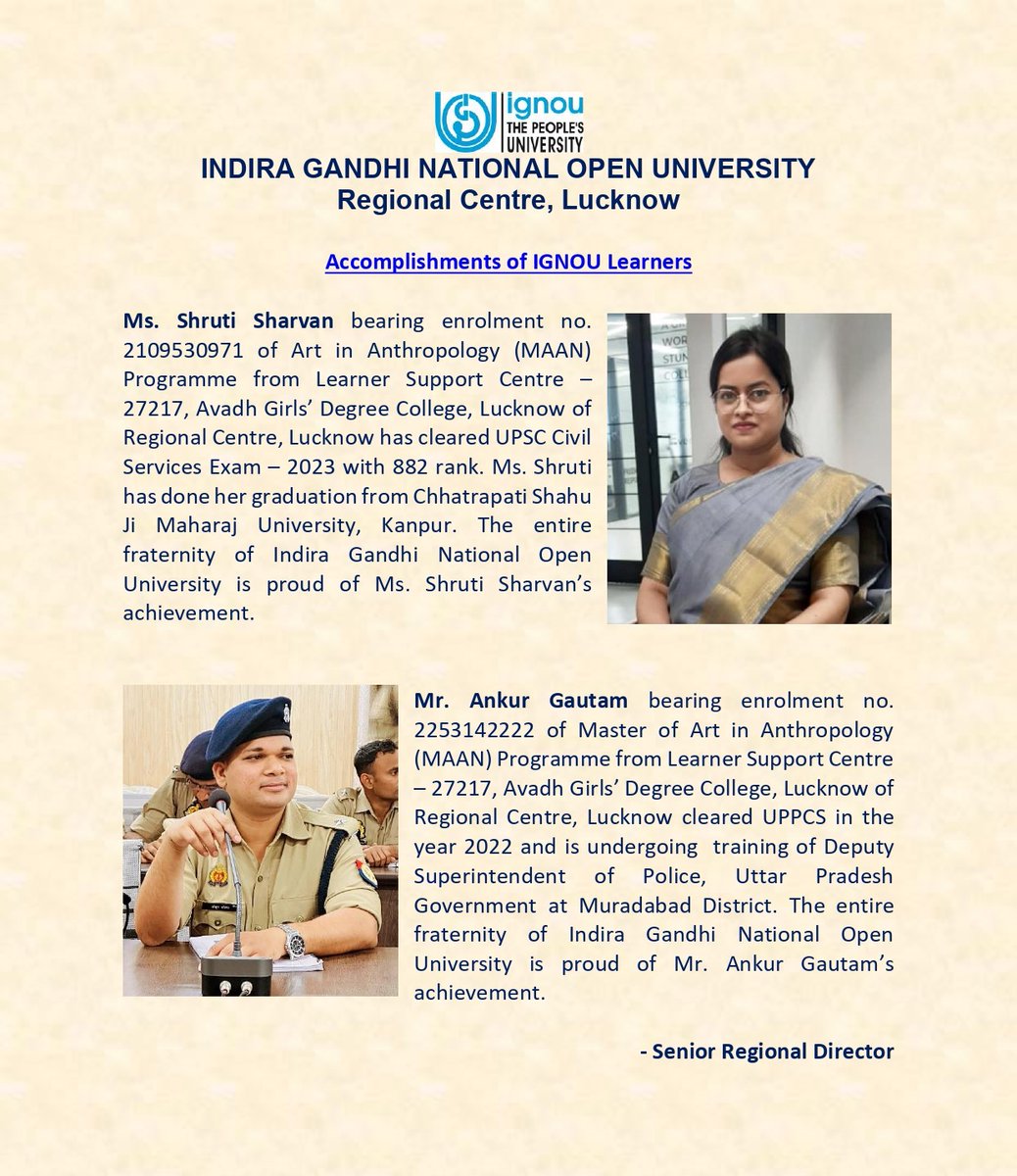 ACCOMPLISHMENTS OF IGNOU LEARNERS