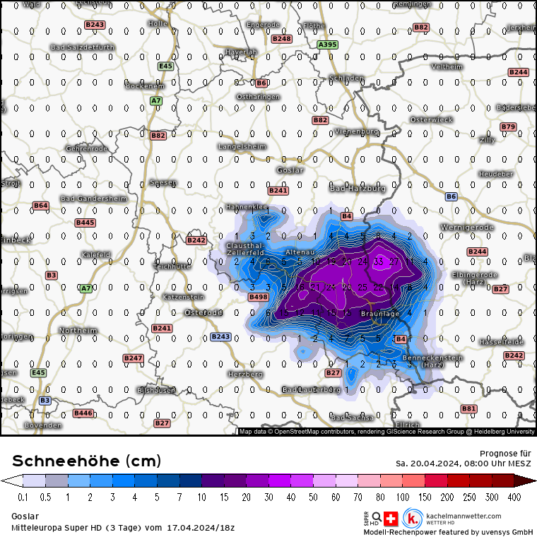 Schon den #Schlitten gewachst? Im Bild: Schneehöhen für Samstagmorgen im #Harz nach SuperHD von @Kachelmannwettr. Es wird auch in manchen Mittelgebirgen noch mal winterlich. Andere Regionen: Zoomen und klicken via kachelmannwetter.com/de/modellkarte… #Schnee