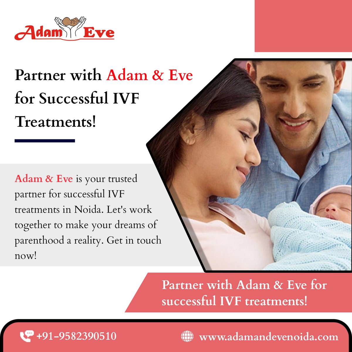 Considering IVF in Noida?Look no further than Adam and Eve! Schedule a consultation today and let's start your journey! 
𝗕𝗼𝗼𝗸 𝗬𝗼𝘂𝗿 𝗙𝗶𝗿𝘀𝘁 𝗙𝗿𝗲𝗲 𝗔𝗽𝗽𝗼𝗶𝗻𝘁𝗺𝗲𝗻𝘁: 
𝗖𝗮𝗹𝗹 +𝟵𝟭-𝟳𝟲𝟲𝟵𝟴𝟬𝟱𝟲𝟬𝟬 
#IVF #NoidaFertility #MakingDreamsComeTrue #AdamandEveNoida