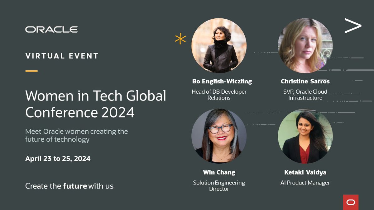 Are you attending the Women in Tech Global Conference? Be sure to check out these Oracle presenters and visit Oracle’s virtual booth—full details here: social.ora.cl/6015bJykL