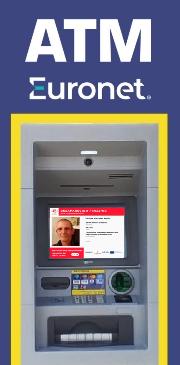 📢 Activamos la Red de cajeros automáticos de Euronet ATMs Cajeros España, para difundir la alerta de Vicente, desaparecido en #Valencia 

 #Desaparecidos #sosdesaparecidos #EuronetATMsEU. facebook.com/EuronetATMsES/
