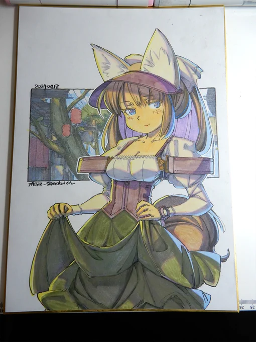 【アナログ2122:重めのスカート】少しディフォルメの感覚が変わってきた。#水彩 #原画 #色紙 #狐娘 