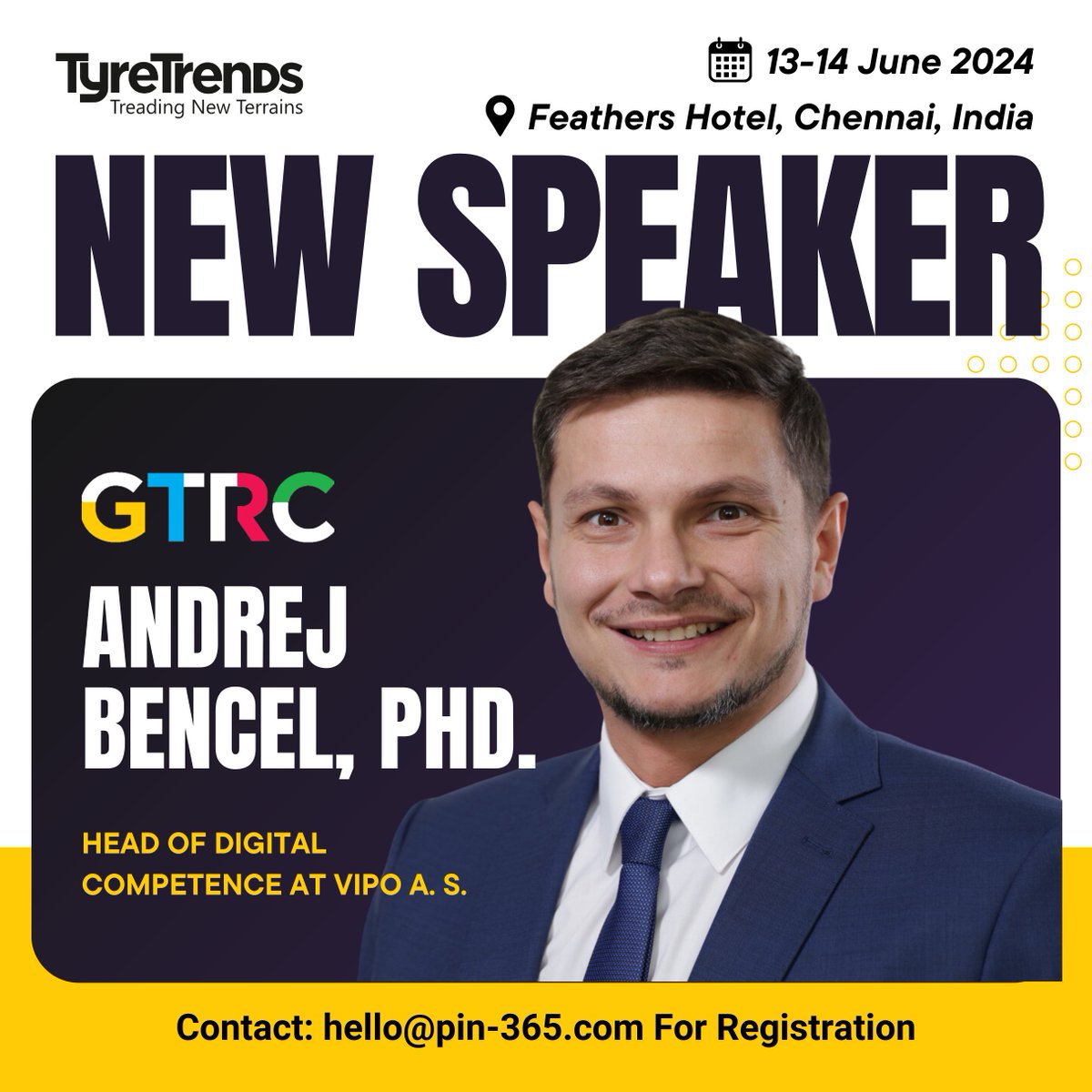 Tyre_Trends's tweet photo. Joining us is Andrej Bencel, PhD., Head of Digital Competence at VIPO a. s. will be sharing invaluable insights on the latest developments in the tyre and rubber industry. 

Visit https://t.co/mIKtCL3FiE for more information.

#GTRC2024 #IndustryInsights #TyreAndRubber #speaker https://t.co/ezcPHHt3qH