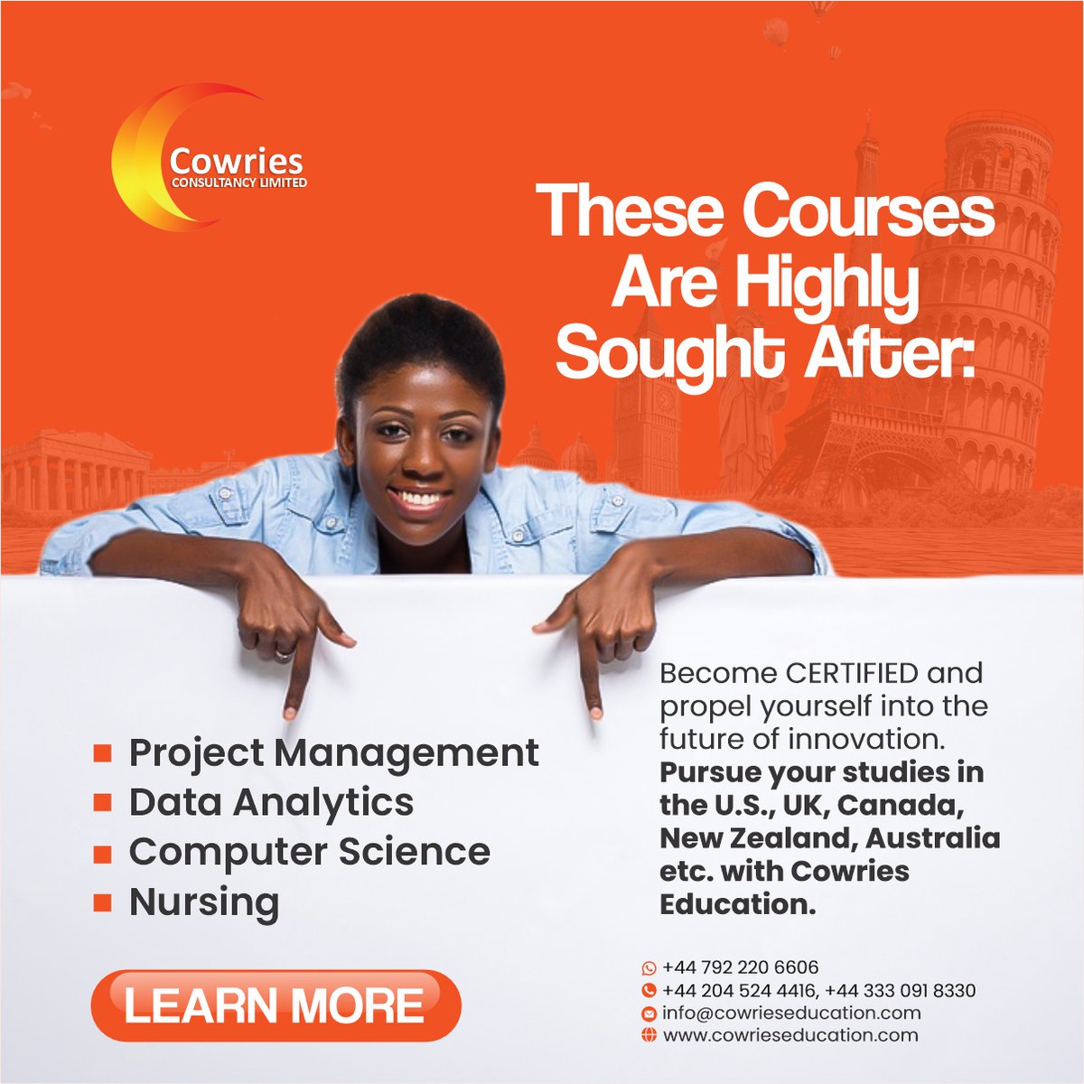 Visit cowrieseducation.com to become certified in one of the most in-demand fields today: 👉Project Management 👉Data Analytics 👉Computer Science 👉Nursing #InDemandCourses #StudyInUSUKCanada #ProjectManagement #DataAnalytics #ComputerScience #NursingCareers