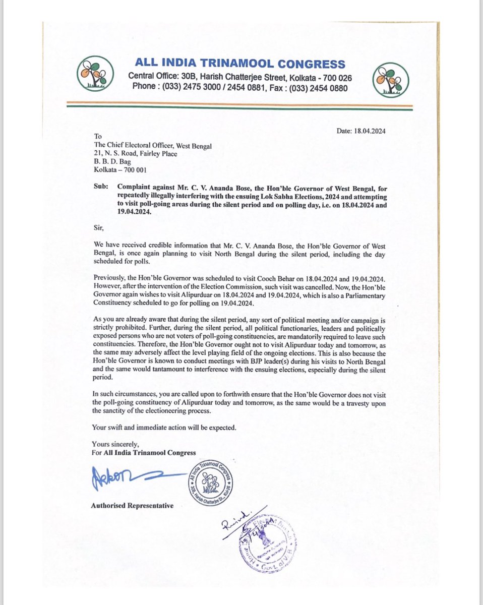 #BREAK @AITCofficial has filed a complaint with EC against @BengalGovernor for repeatedly illegally interfering with the ensuing Lok Sabha Elections, 2024 and attempting to visit poll-going areas during the silent period and on polling day, i.e. on 18.04.2024 and 19.04.2024.