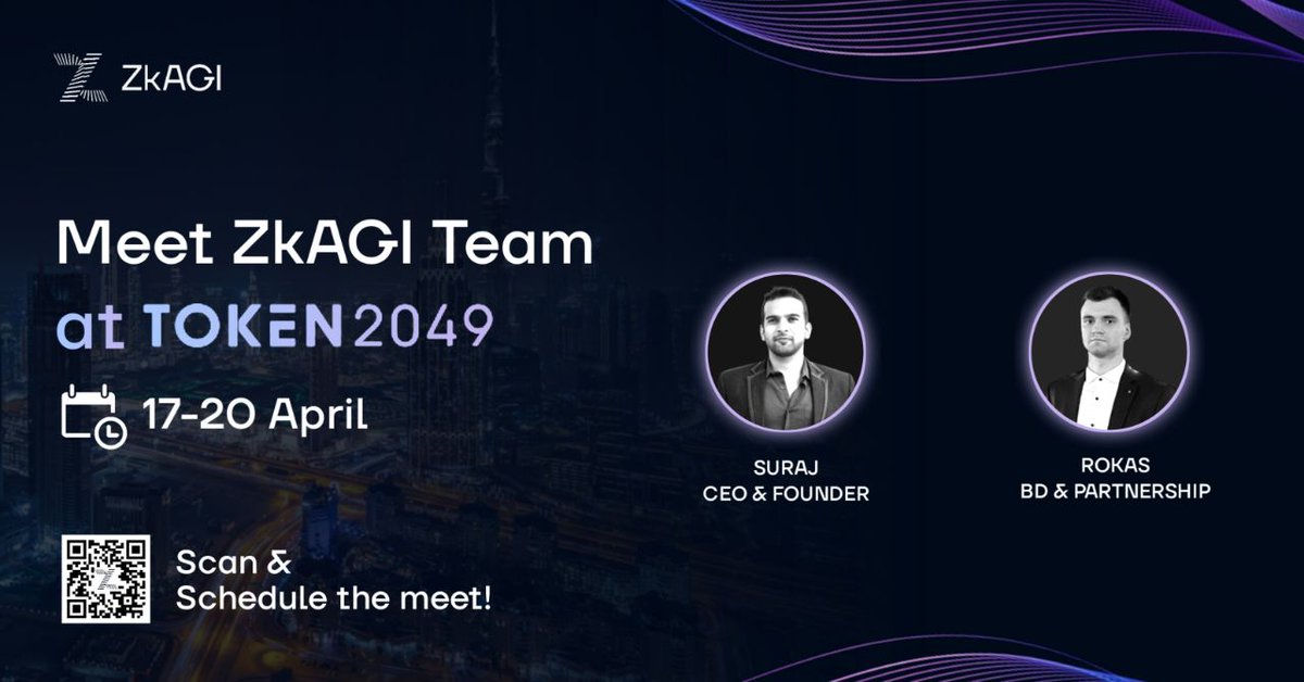 Here we come, @token2049!✈️

#ZkAGI joins the numerous platforms and passionate crowds to talk next-level #AI & shatter data privacy woes at #Token2049!

Scan the QR code to schedule a meet-up with our team.

Let's shape the future together!

#token2049dubai #TOKEN2049Week