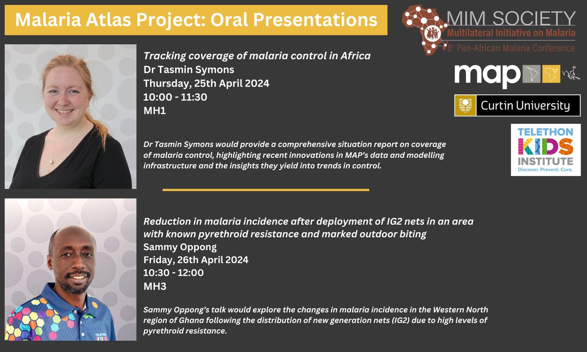MAP is excited to announce that researchers @TasminS and Samuel Oppong will be presenting at the Multilateral Initiative on Malaria Conference #MiM2024 Session times shown on flyer, we look forward to seeing you there!