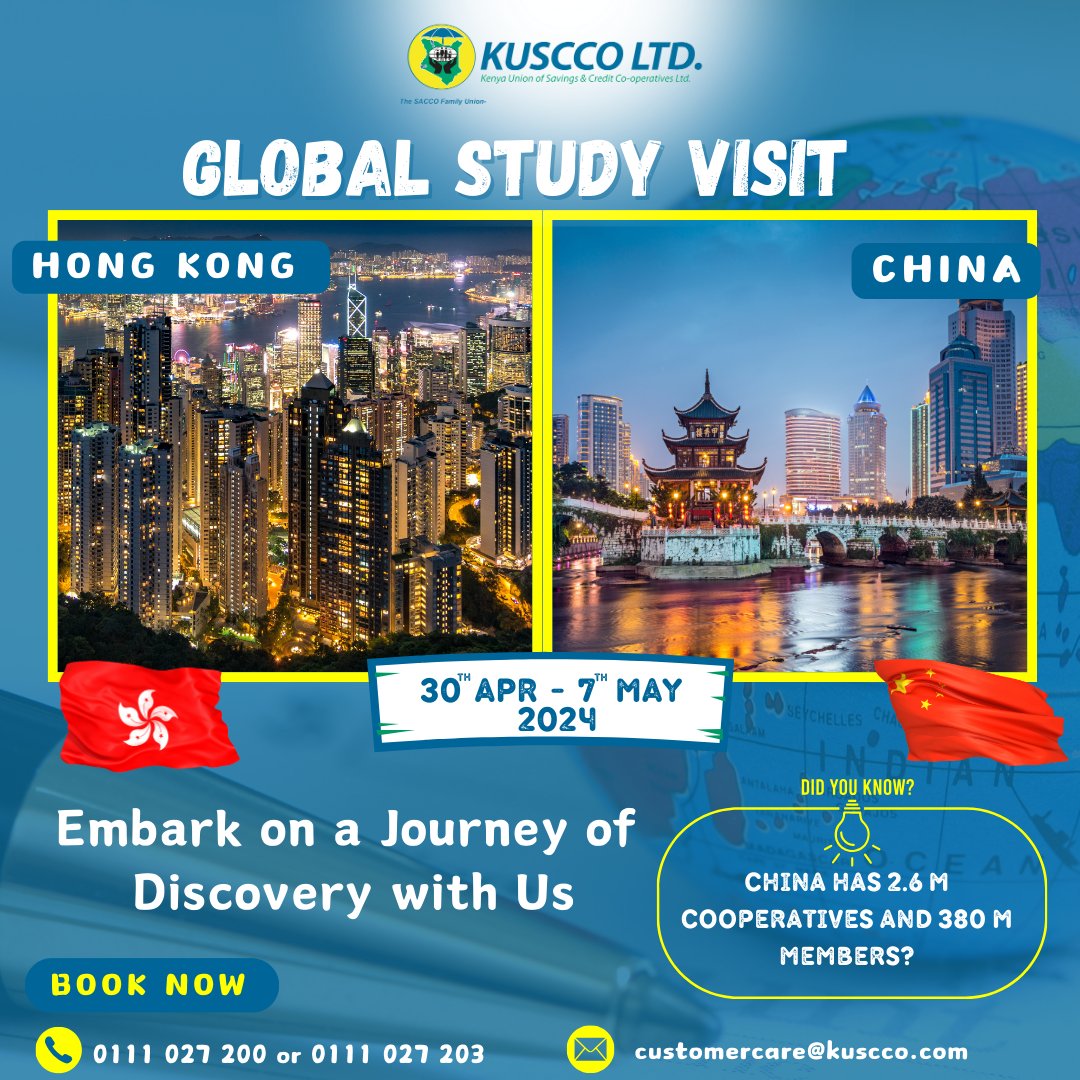 Explore the international cooperatives landscape, immerse yourself in rich culture, and discover why China boasts 2.6 million cooperatives and 30 million members. 🗓️April 30th to May 7th 2024. Contact @kuscco via 0111 027 200 or 0111 027 203 or email customercare@kuscco.com