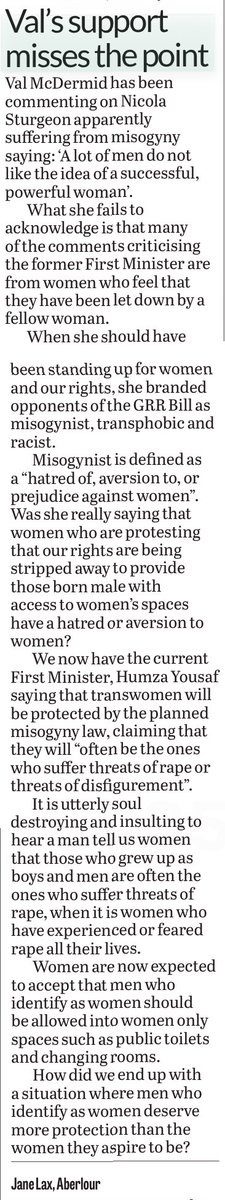 The Edinburgh Evening Needle printed my letter on Yousaf’s insane ideas that men should be protected by misogyny laws.