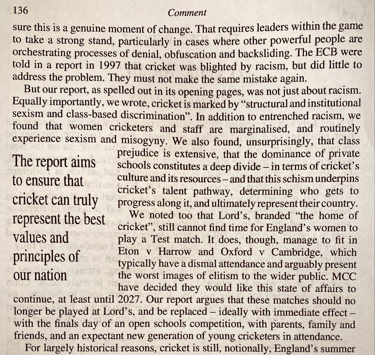 WindrushCricket's tweet photo. Wisden 2024 @WisdenCricket published today! The "historic fixtures" @MCCOfficial, writes Dr Michael Collins (UCL) - co-author of #ICECreport -  "typically have a dismal attendance and arguably present the worst images of elitism to the wider public". (p. 136)  #LevellingUp https://t.co/WT4RrDkqH9