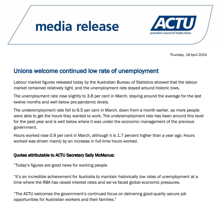 Media release: Unions welcome continued low rate of unemployment