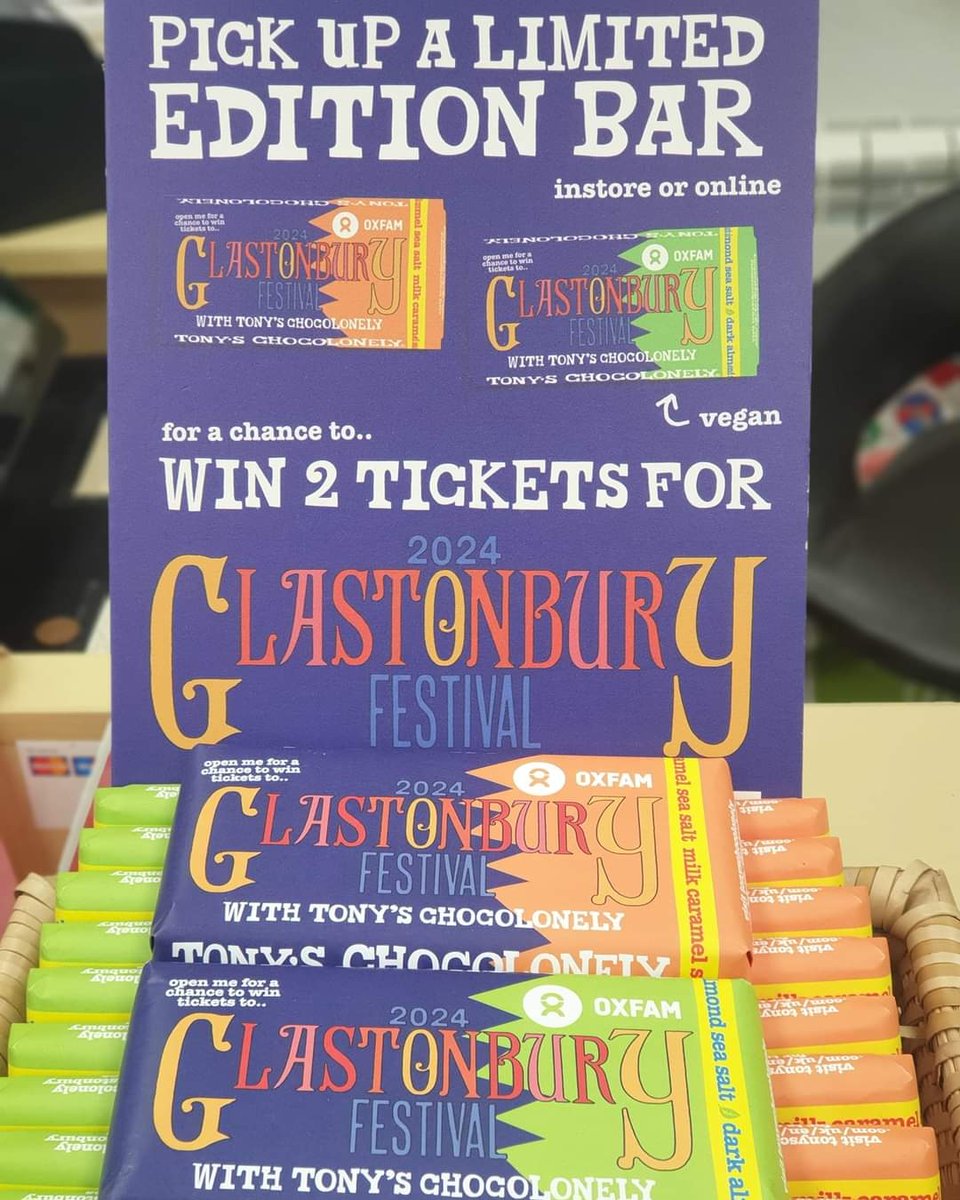 Oxfam has once again teamed up @TonysChocoUK_IE & hidden 5 pairs of @glastonbury tickets inside these special 'exclusive to Oxfam' bars! The good news is, you can buy these special bars at both of our #Oxfam #Harpenden shops at 3 & 5, Harding Parade....But only while stocks last!