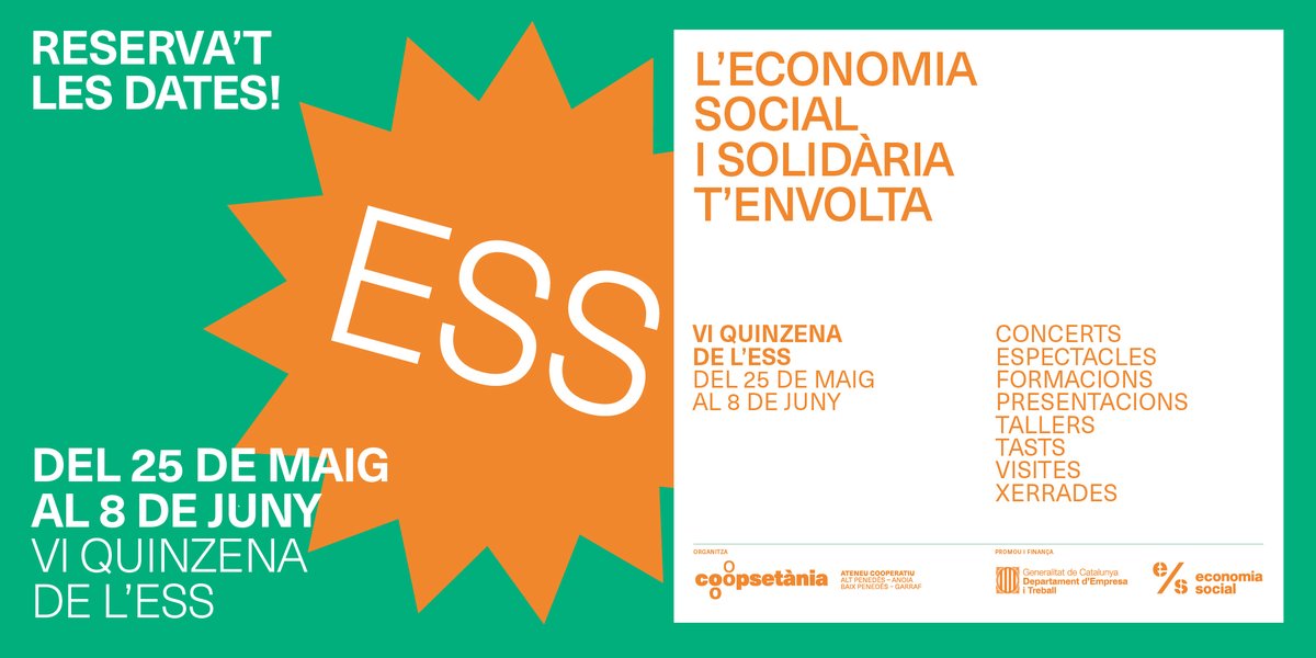coopsetania's tweet photo. SUMA'T A LA #QUINZENAESS
💥Del 25 de maig al 8 de juny organitzem la QuinzenaESS per reivindicar, mostrar i promoure la diversitat i presència de l' #ESS al territori
Si teniu alguna proposta d'activitat per sumar-vos-hi, feu-nos-la arribar: https://t.co/yq5hCxhOpQ https://t.co/7RMijIElfg