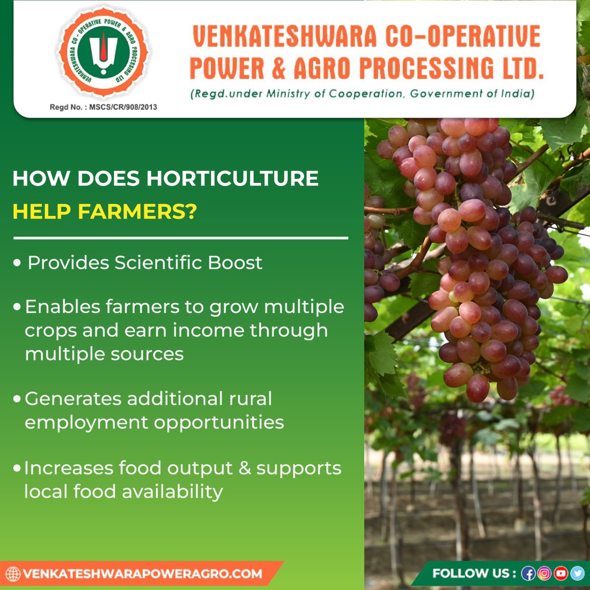 Farming Reinvented: Discover how Horticulture Nurtures Crop Diversity and Income with us
#venkateshwaracooperative #powerandagroprocessing #sahakarsesamridhi #horticultureboost #farmersuccess #ruralemployment #foodoutput #localfood
#greenrevolution #diversifiedincome #growprosper