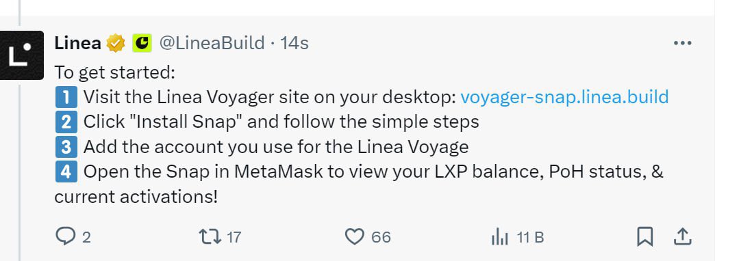 💥Linea Voyage etkinliğine katılanlar mevcut aktivasyon durumunuzu ve Linea LXP puan görüntülemek için metamaska snap yükleyebilirsiniz. Herhangi ekstra bir ücret yoktur

Metamask Snap (Linea Voyager)
1️⃣ Masaüstünüzde Linea Voyager sitesini ziyaret edin: 
voyager-snap.linea.build