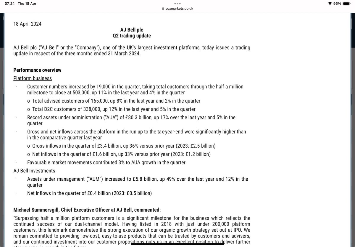 #AJB Q2 TU Lots and lots and lots of info on customers numbers and inflows but not a single mention of profits, EPS, balance sheet for AJ Bell itself…. As a finance company/ investment firm surely these things are as important to their shareholders as the AUM? 🤷🏻‍♀️