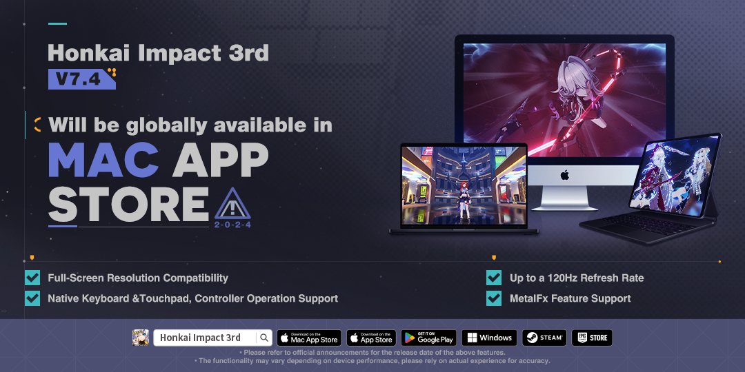 Honkai Impact 3rd will be globally available in Mac App Store! After the version update, Honkai Impact 3rd will be globally available in Mac App Store & you will have a new platform to play the game! Please check out the info~ >>hoyo.link/fFWiFBAL #HonkaiImpact3rd