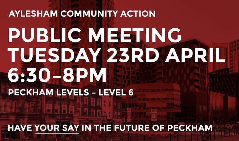 Public meeting next Tuesday at Peckham Levels. A chance to discuss, ask questions, and share updates on the plans for the Aylesham site. All welcome. Come along at any time. Register on Eventbrite link in our profile, so we have an idea of numbers. @peckhamlevels @PeckhamVision