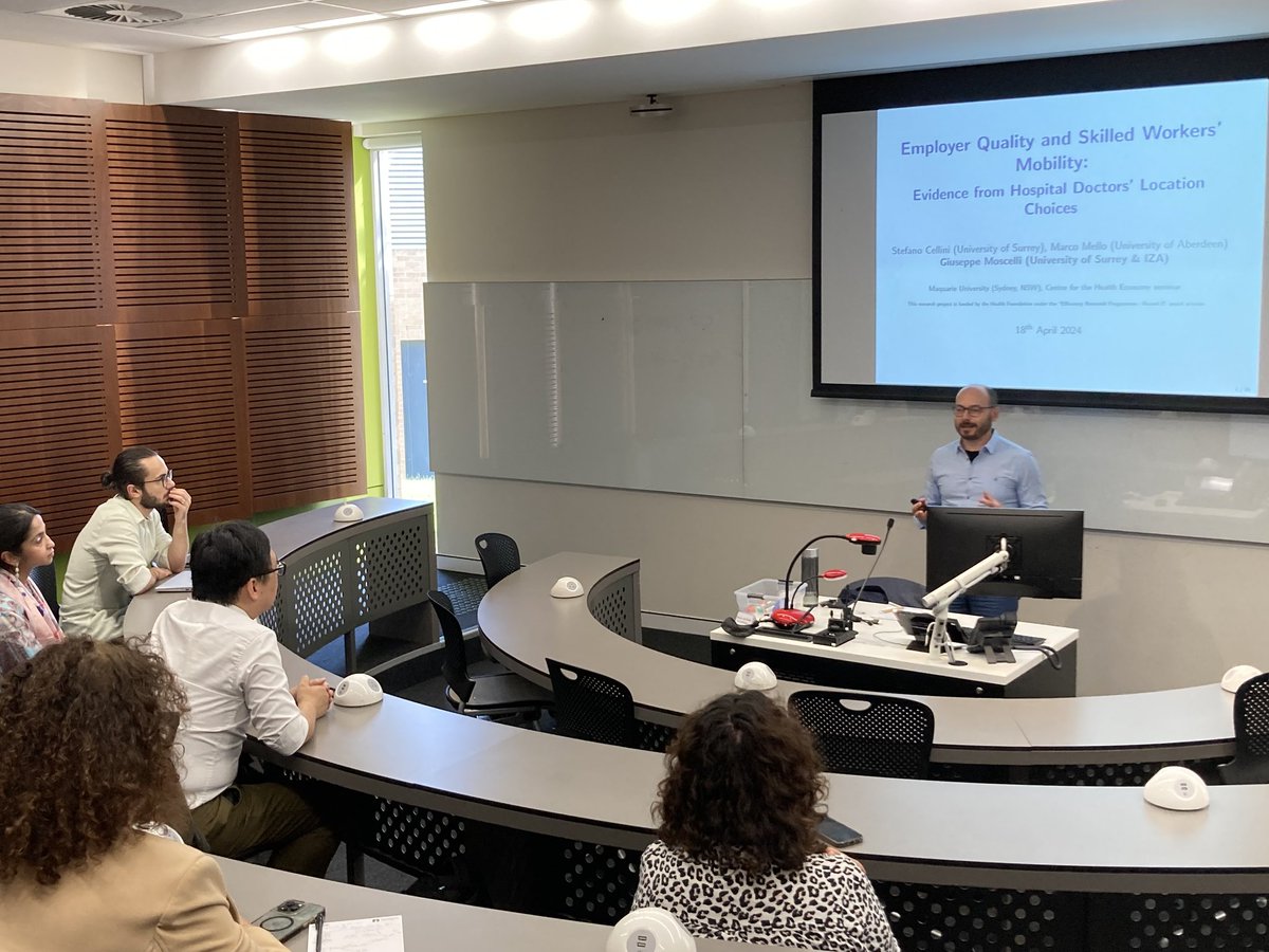JoeMoscelli's tweet photo. Another day, another seminar! V glad 2 @yuanyuangu &amp; JonasFoken 4 the invitation 2 @MUCHE_Macquarie, where I presented work in progress (joint w/ @stefano_cellini &amp; @Marco__Mello) on push  factors attracting #NHS  #doctors to #hospitals. Thx a lot 4 the great engagement&amp; comments https://t.co/WIF2lSiphz