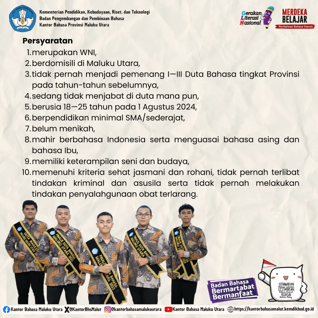 BalaiBhsMalut's tweet photo. Halo, #sahahatbahasa dan #sahabatdikbud!

Pendafataran Pemilihan Duta Bahasa Tingkat Provinsi Maluku Utara Tahun 2024 diperpanjang hingga 10 Mei 2024.
Segera daftarkan dirimu dan menjadi bagian dari Duta Bahasa Provinsi Maluku Utara. https://t.co/FBWQzpQDy3