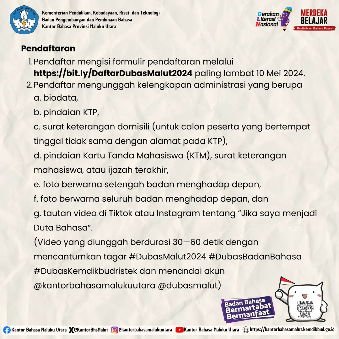 BalaiBhsMalut's tweet photo. Halo, #sahahatbahasa dan #sahabatdikbud!

Pendafataran Pemilihan Duta Bahasa Tingkat Provinsi Maluku Utara Tahun 2024 diperpanjang hingga 10 Mei 2024.
Segera daftarkan dirimu dan menjadi bagian dari Duta Bahasa Provinsi Maluku Utara. https://t.co/FBWQzpQDy3
