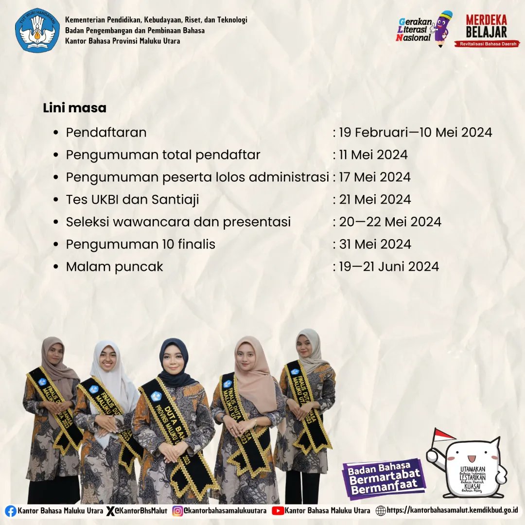 BalaiBhsMalut's tweet photo. Halo, #sahahatbahasa dan #sahabatdikbud!

Pendafataran Pemilihan Duta Bahasa Tingkat Provinsi Maluku Utara Tahun 2024 diperpanjang hingga 10 Mei 2024.
Segera daftarkan dirimu dan menjadi bagian dari Duta Bahasa Provinsi Maluku Utara. https://t.co/FBWQzpQDy3