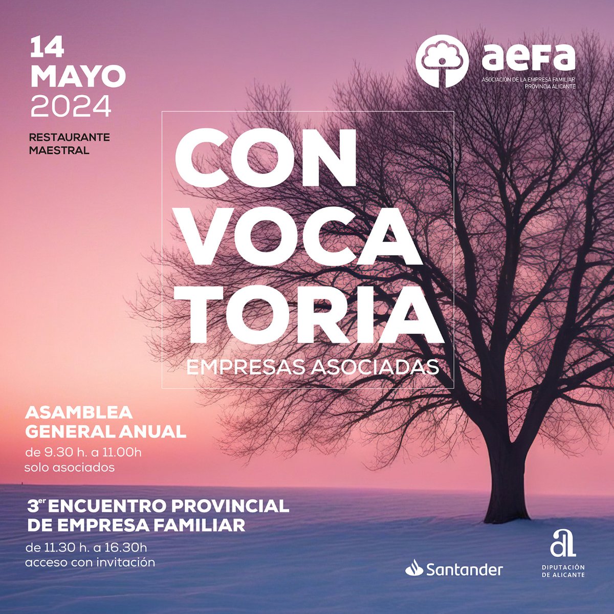 AEFALICANTE (@aefalicante) on Twitter photo #AsambleaAEFA24 🔵¡Ya tenemos fecha para la próxima Asamblea General 2024! 🗓
👨🏻💼Contaremos con la participación de@ftriasdebes y de Ignacio Rivera, Presidente de Corporación Hijos de Rivera S.A. U.
👉🏻 aefa@asociacionaefa.es
#empresasfamiliares #empresas #AEFA #Alicante #AsambleaAEFA24 🔵¡Ya tenemos fecha para la próxima Asamblea General 2024! 🗓
👨🏻💼Contaremos con la participación de@ftriasdebes y de Ignacio Rivera, Presidente de Corporación Hijos de Rivera S.A. U.
👉🏻 aefa@asociacionaefa.es
#empresasfamiliares #empresas #AEFA #Alicante