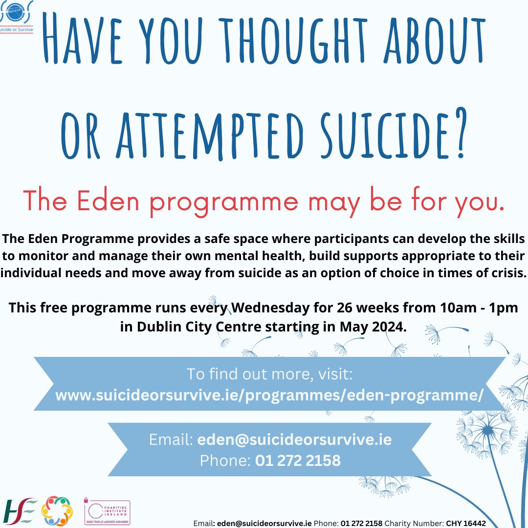 Have you thought about or attempted suicide? The Eden programme is designed to guide individuals away from considering suicide. Tailored for adults over 18, sessions are held weekly in Dublin City Centre from 10am to 1pm. Visit tinyurl.com/SOSeden