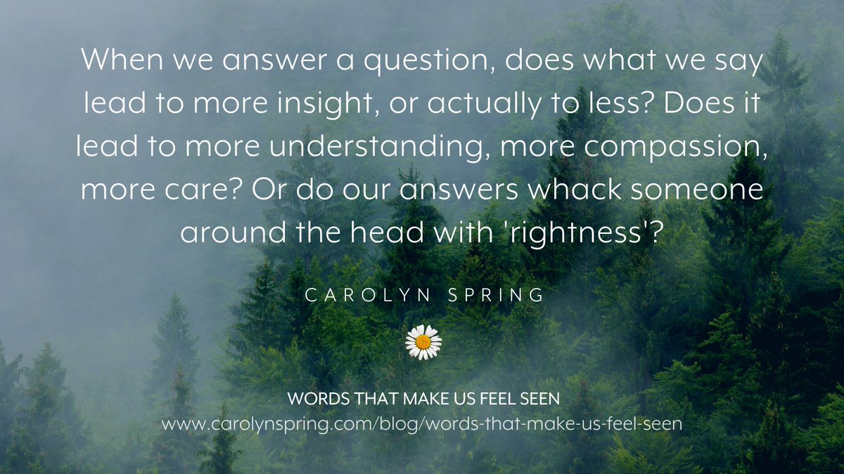 During #trauma, we are unseen and unheard, and our feelings are unfelt. Healing from trauma involves feeling seen, and feeling heard, and feeling felt. What are the words that can facilitate that? Read 'Words that make us feel seen': carolynspring.com/blog/words-tha…  #TherapistsConnect
