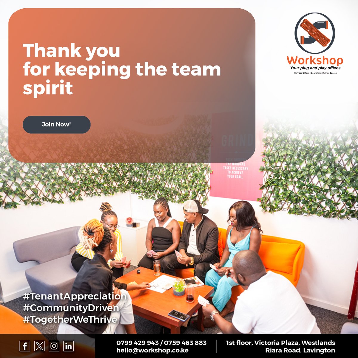 Here's to continued success and collaboration!

Call us to book your space
+254 759 463 883- Workshop Westlands
+254 799429943- Workshop Riara
or send us an email at hello@workshop.co.ke

#CoworkingSpace #OfficeSpace #SharedOffices #MeetingRooms #FurnishedOffice  #VirtualOffice