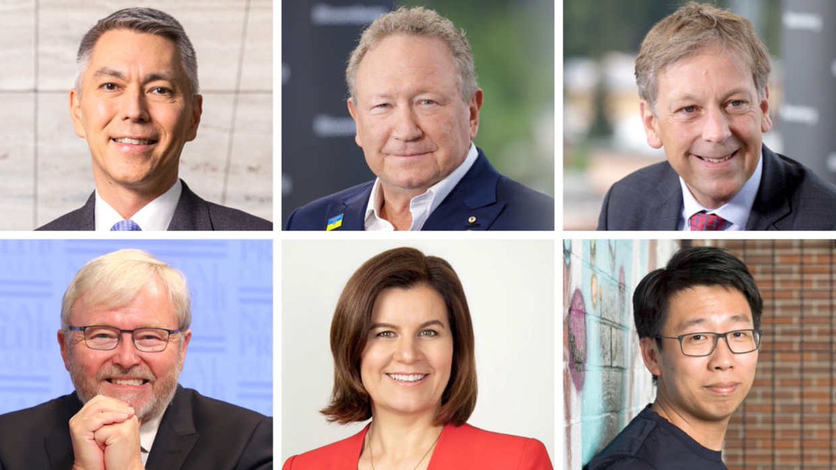 Some of Australian-linked 
attendees at the WORLD ECONOMIC FORUM 
this year (left to right, top to bottom: BHP CEO Mike Henry, Fortescue Metals’ Andrew Forrest, Jakob Stausholm of Rio Tinto; Kevin Rudd, HSBC executive Annabel Spring and Airwallex co-founder Jack Zhang.