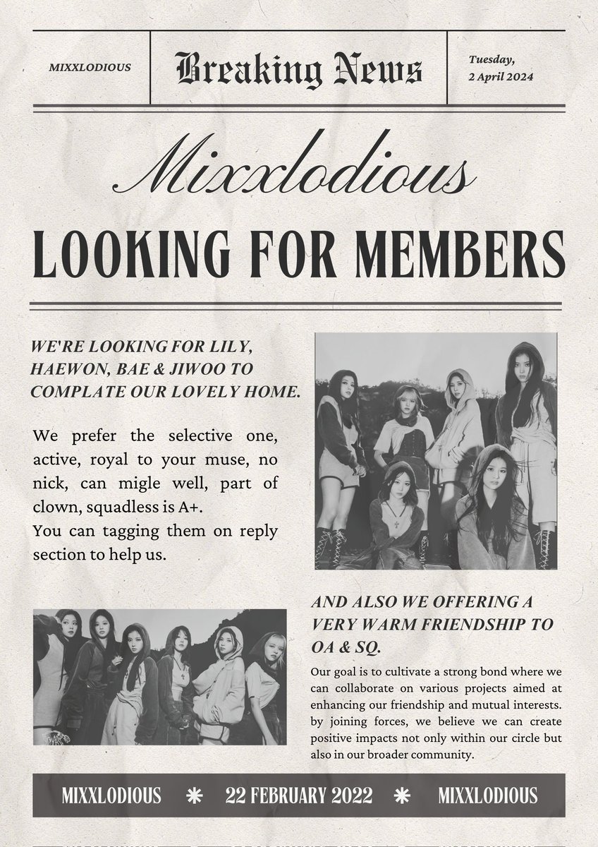 jiaparkq's tweet photo. ☆ A Retweets are highly appreciated.

Salutation! We are 𝐌𝐢𝐱𝐱𝐥𝐨𝐝𝐢𝐨𝐮𝐬 currently looking for our missing members complete our squad! We prefer the squadless one, active, loyal, and clown is a must! And also, we're looking for another SQ/OA who want to be friends with us https://t.co/XcyFHtyuBb