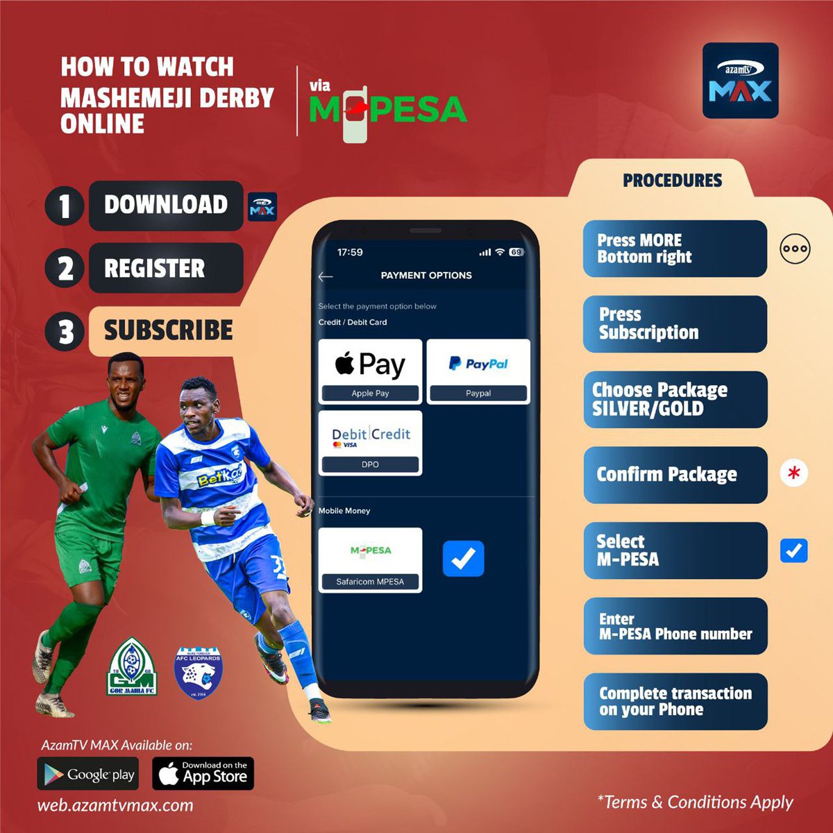 AFCLeopards's tweet photo. #MashemejiDerby is on this weekend at Nyayo Stadium
Our partner @azamtvtz will be airing the match live on their platform.
Here is a simple way of downloading the Azam TV app and making payments
@betikaKe
#AzamTV #OursForever #IngweAt60 https://t.co/NgUr6SH5EI