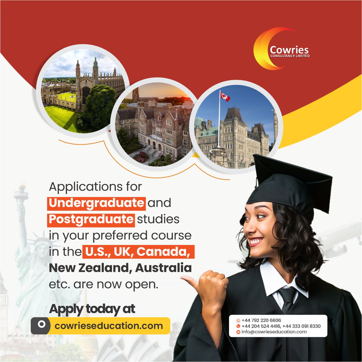 Visit cowrieseducation.com to get started on your path to international academic success. #GlobalEducation #UndergradAndPostgrad #StudyInUSUKCanada #OpenApplications #YourCourseYourFuture #AcademicExcellence #InternationalStudies #EducationWithoutBorders #ApplyNow