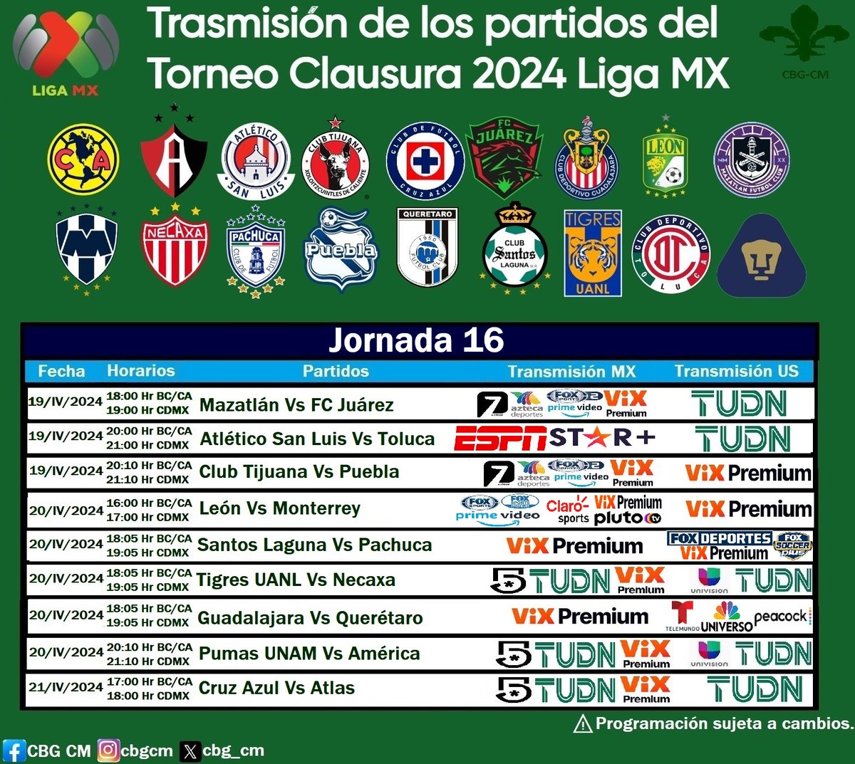 🗓Calendario de partidos de la J16 CL 2024⚽ #LigaMX con horarios del PST y del Centro MX y por donde serán transmitidos📺💻📱.
⚠️Programación sujeta a cambios.
#ViernesBotanero #LoNuestroEsElFutbol #ClaroConTodo #LigaMXenFSMX #LigaMXxESPN #FOXLigaMX #ChivasEnTelemundo
#CBGCM ⚜