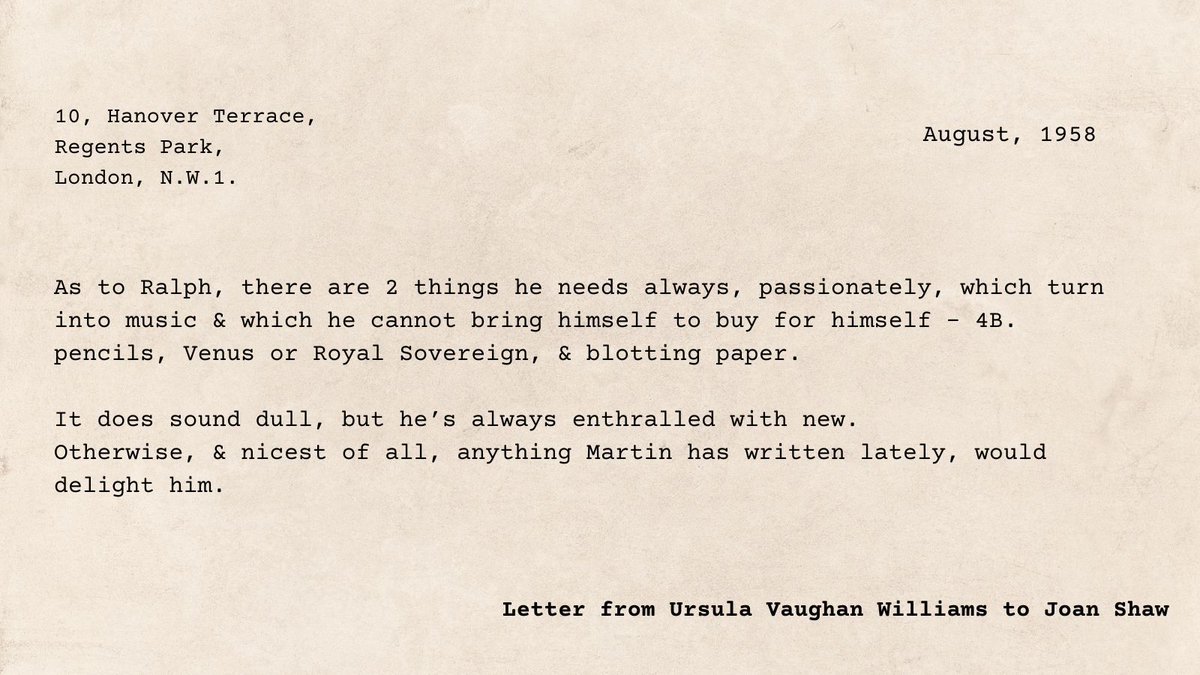 A sweet letter from Ursula Vaughan Williams to Joan Shaw, revealing the few things a composer needs! We assume that by 'Martin' she is referring to Martin Shaw, Joan's husband, who composed Morning Has Broken.