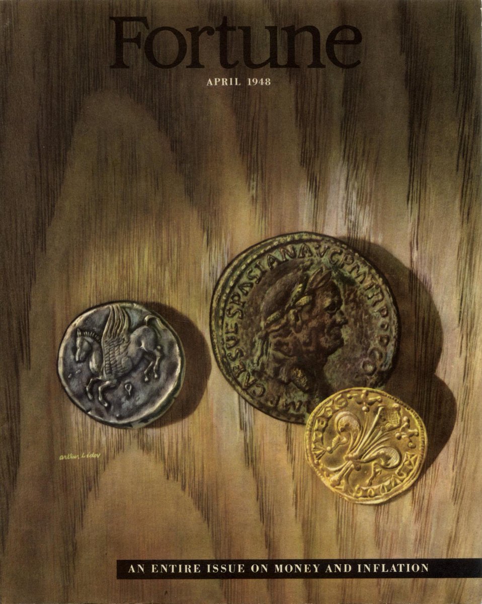 #Fortune for #APRIL 1948
‘An Entire Issue on Money and Inflation’
Cover of Fortune magazine, April 1948
Illustration by Arthur Lidov (1917-1990)
👉ALT
#FortuneCover #illustration #illustrationart #graphicdesign #ArthurLidov #coinage #ancientcoinage #Greekcoins #Romancoins