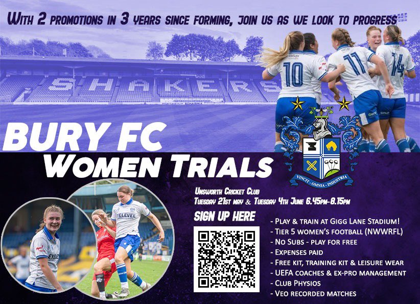 ⚪️🔵 OPEN TRIALS ⚪️🔵

Looking to play Tier 5 women’s football?

With a new 3G pitch going on Gigg Lane this summer, all of our training and matches will be in the stadium next year. Lots of other benefits to joining us! 

Sign up here: forms.gle/86KKcQNxC3dV3K…