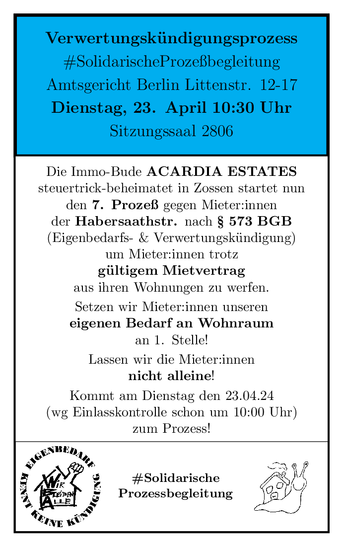 Hat #ArcadiaEstates gerade ihre Niederlage im Kampf gegen die #Habersaathstr vor dem Landgericht zugeben müssen, will sie am Dienstag trotzdem eine Mieter:in vor dem Amtsgericht auf #Räumung verklagen. Wir halten gemeinsam dagegen! #SolidarischeProzessbegleitung Di 23.4. 10:30