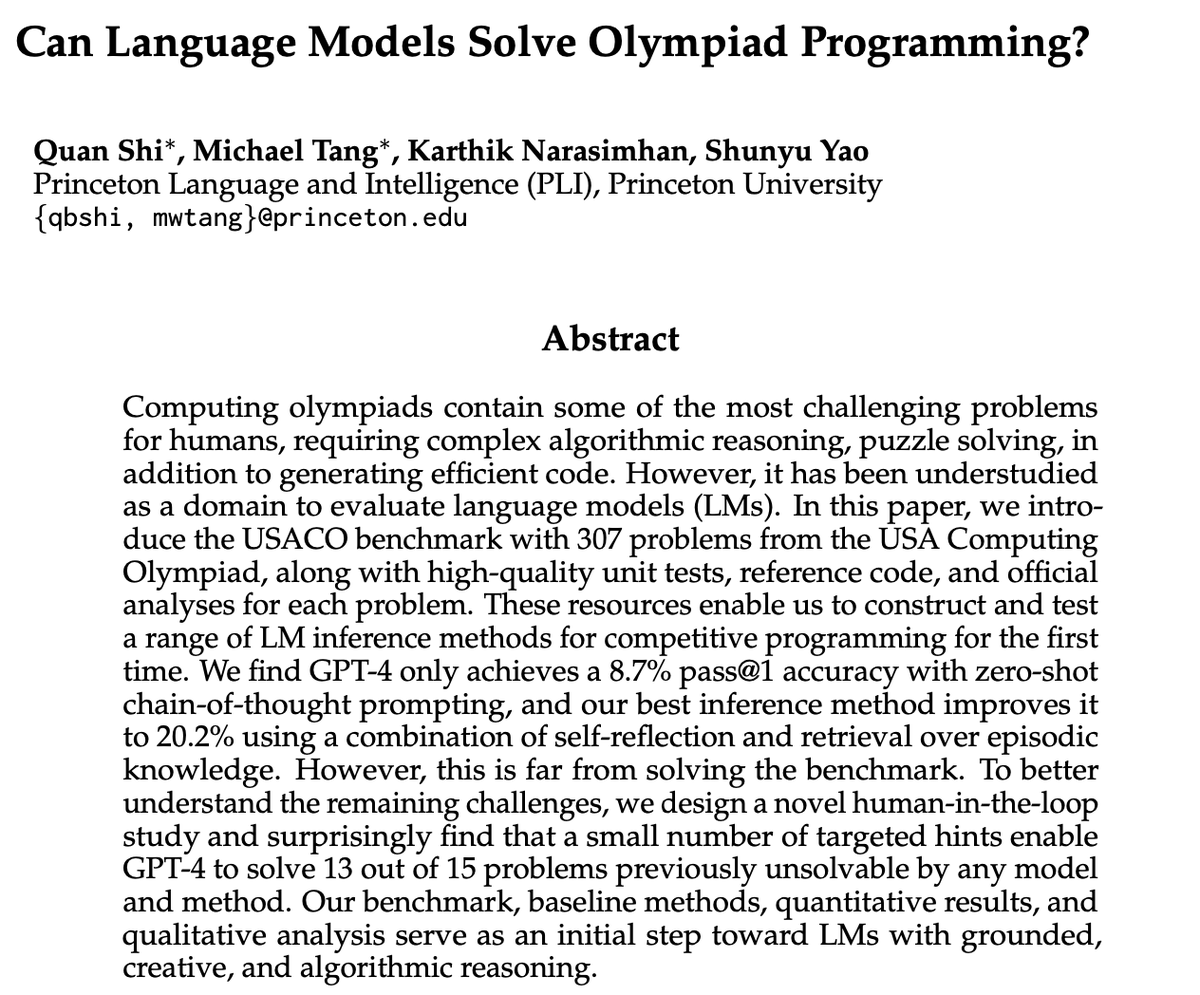 Coding is the frontier of AI. Excited to push the two frontiers of AI coding: 1. SWE(-bench/agent) 2. Olympiad programming (this tweet) Introduce USACO benchmark: * inference methods (RAG/reflect) help a bit: 9->20% * human feedback helps a lot: 0->86%! princeton-nlp.github.io/USACOBench/