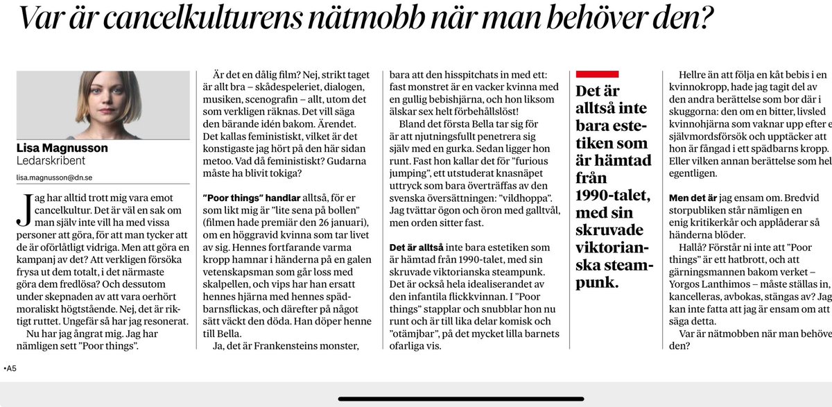 Lisa Magnusson skriver den perfekta recensionen av Poor things i dagens @Sydsvenskan. Nej, Lisa, du är inte ensam.