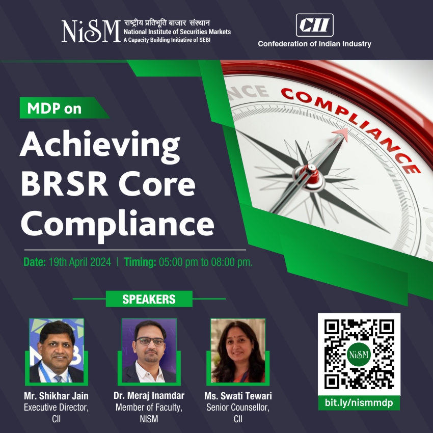 Last day to apply! Hurry Up!
Elevate your compliance game! Join us on April 19th from 5:00 pm to 8:00 pm for an MDP session focused on Achieving BRSR core Compliance. 

For more info, visit: nism.ac.in/upcoming-train…

#nism #ComplianceTraining #MDP #BRSR