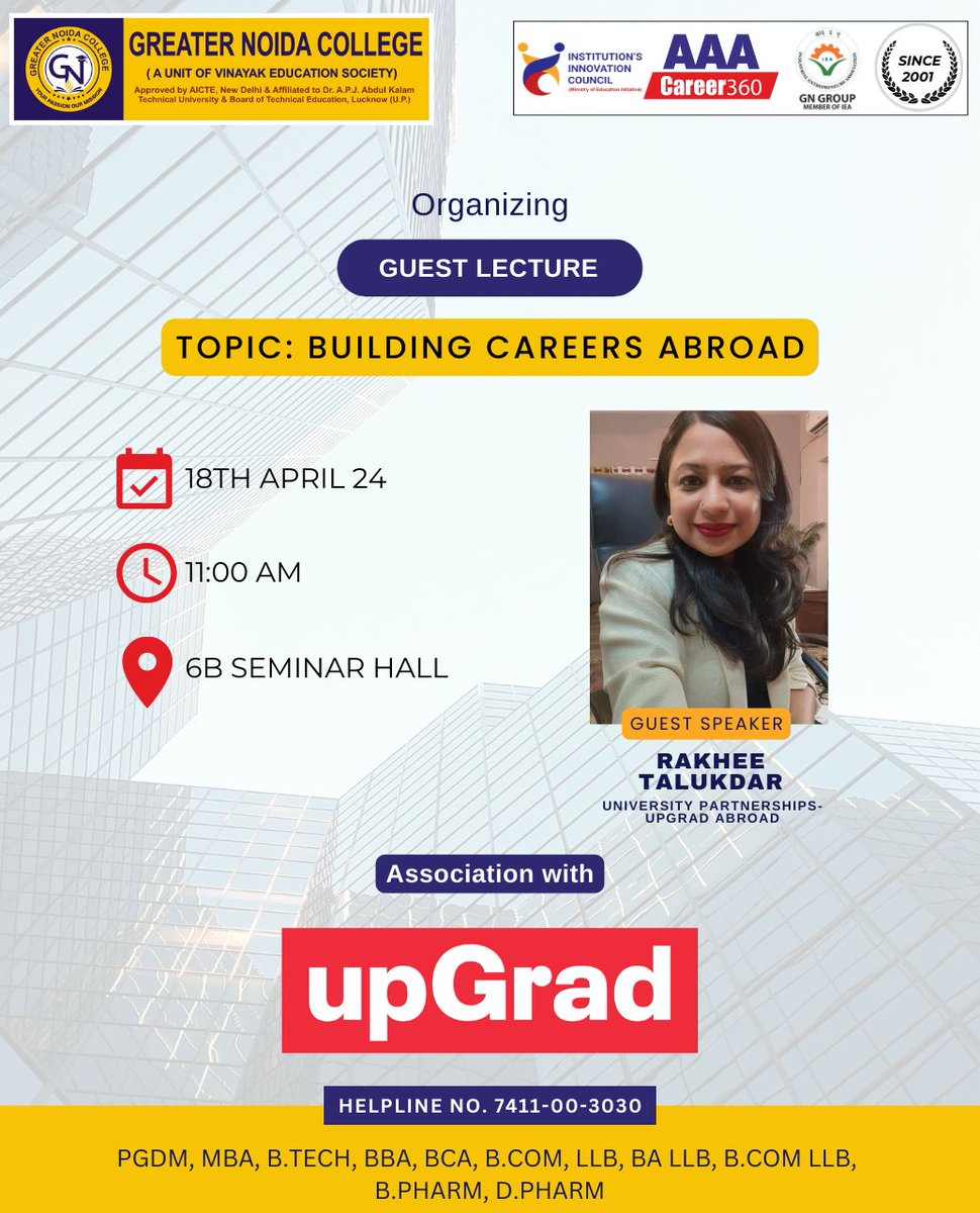 Join Greater Noida College for an insightful Guest Lecture on 'Building Careers Abroad', presented in collaboration with upGrad. Mark your calendars for April 18th, 2024, and let's explore endless opportunities together! 

#GlobalCareers #upGrad #GreaterNoidaCollege