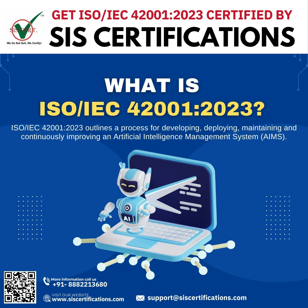 ISO/IEC 42001:2023 provides organizations with a roadmap for responsible and effective Artificial intelligence system development and management. 
Visit: bit.ly/4cYkEuc, call +91-8882213680, email support@siscertifications.com
#SISCertifications #artificialintelligence