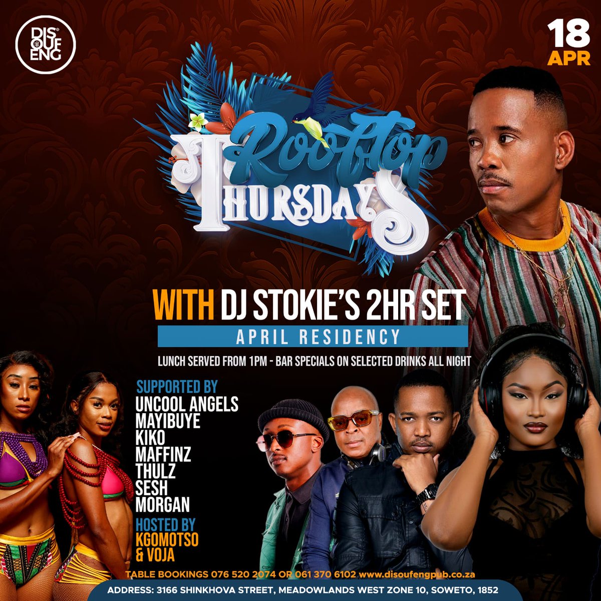 Today all roads leads to @DISOUFENG_PUB is all about #RooftopThursdays with Dj Stokie's 2Hour set🤩💃🏾it's gonna be ecstatic🍸🔥🥂 🍾Supported by Uncool angels, Thulz, Sesh, Mayibuye and many more🥂 Dress to dazzle and come join us💃🏾 Be there or be told🤩💃🏾🍾🥂 #DisoufengVibes