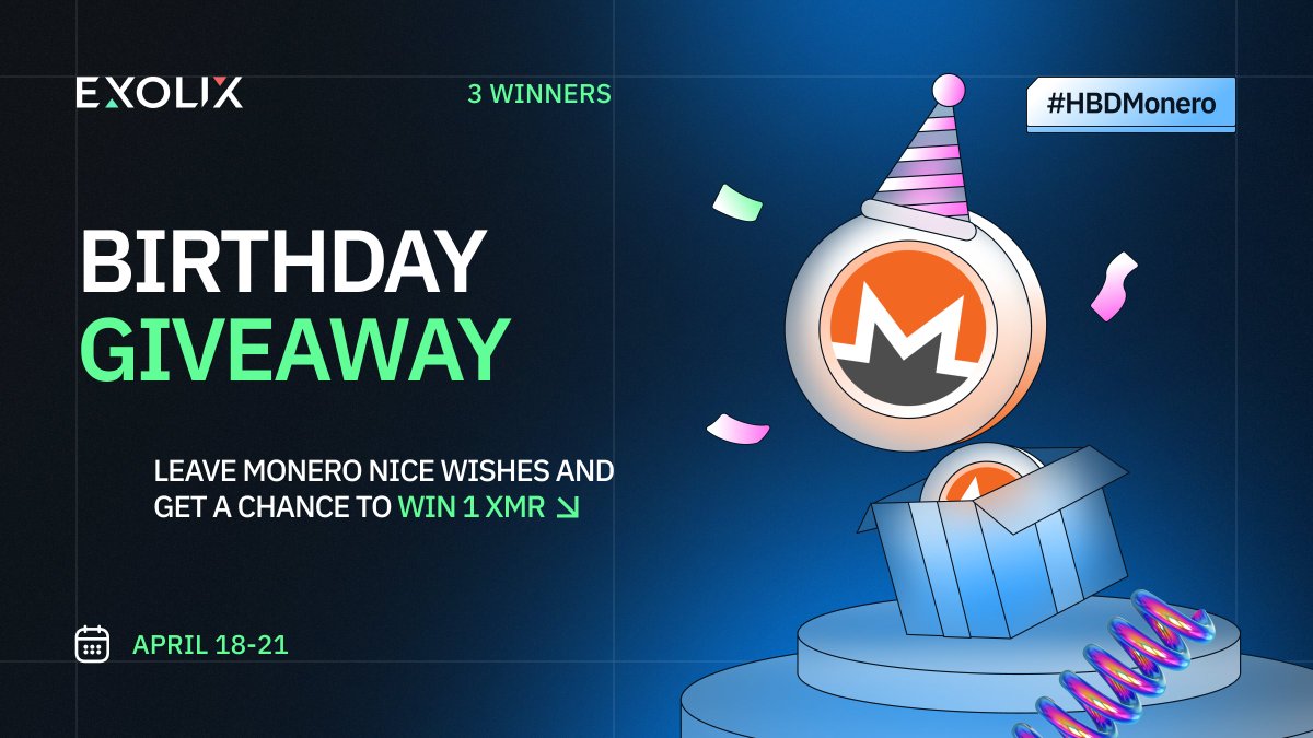 exolix_com's tweet photo. 🎂 Happy 10th Birthday #Monero!🎂

🎁 Our celebration continues as we launch a special #giveaway! Three lucky winners will have the chance to share our prize pool of 3 $XMR.

To participate, follow these simple steps:
👉 Follow @exolix_com. 
👍 Like, RT and tag friends. 
✍️ Write a heartfelt comment wishing @Monero Happy Birthday!

📅 Mark your calendars! The giveaway runs until April 21st. 

Don't miss this opportunity to win some #XMR and join the celebration! 🥳 

#HBDMonero #CryptoGiveaway #slide #item