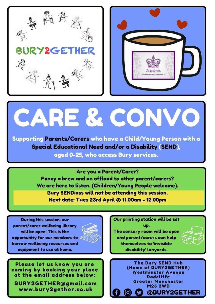 SEND Bury Local Offer (@burylocaloffer) on Twitter photo The next <a href="/BURY2GETHER/">BURY2GETHER</a> care and convo session for parents/carers is on 23rd April 2024 at 11.00am. The next <a href="/BURY2GETHER/">BURY2GETHER</a> care and convo session for parents/carers is on 23rd April 2024 at 11.00am.