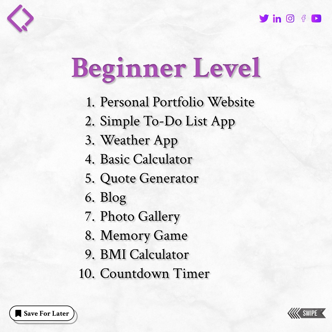 qubycles's tweet image. "🚀 Elevate your frontend skills with these fresh project ideas! Dive into hands-on learning and bring your web designs to life. 💡🖥️ #FrontendProjects #WebDesign #CodingJourney"
Follow us 👉 @qubycles !! 🔥
Visit Us:- qubycles.com
#qubycles #BeJobReady #javascript
